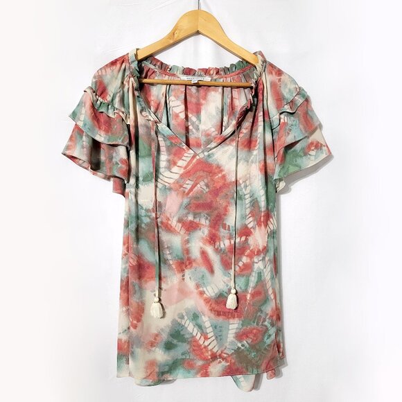 Rose & Olive Womens Flutter Short Sleeve Top Size 1X Tassel Neck Tie Dye Pastel - Picture 1 of 9